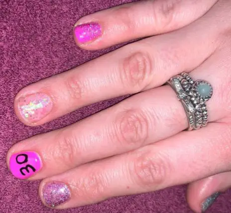 Pink and Glitter 30th-Themed Birthday Nails