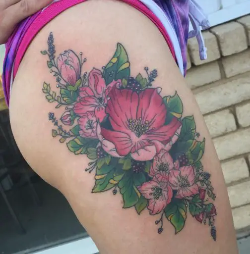 Pink and Green Floral Thigh Tattoo
