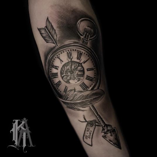 Pocket Watch with a Feather and Date Printed As A Tag Tattoo