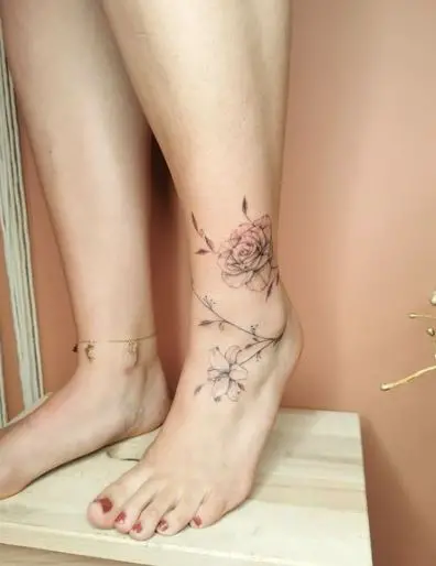 Pretty Delicate Floral Anklet Tattoo