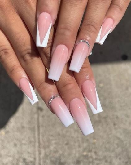 Pink Nails With French Tip and Rhinestones