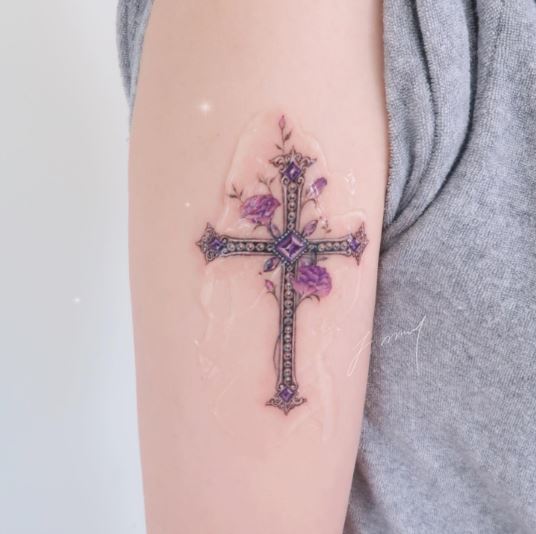 Purple Stones and Flowers Cross Tattoo