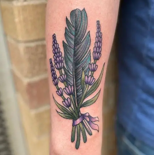 Raven Feather and Lavender Flower Tattoo