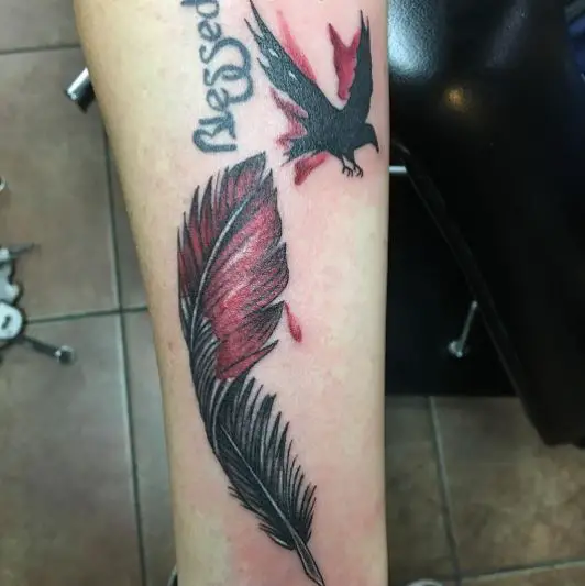Raven and Blood Red Feather Tattoo