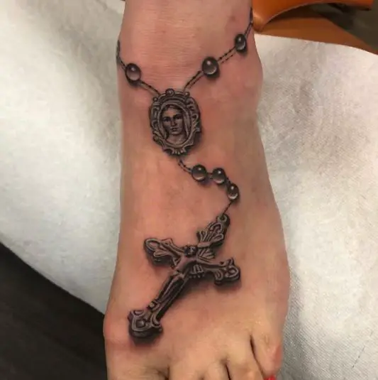 Realistic 3D Look Rosary Cross Tattoo