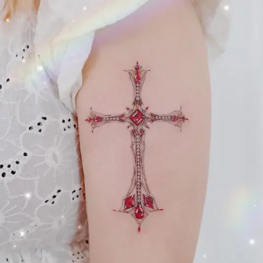 Red Ornament Cross Tattoo