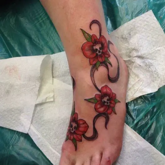 Red Skull Flower Tattoo
