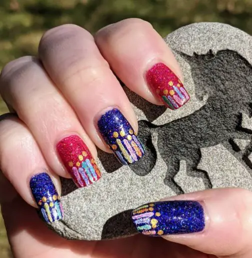 Red and Blue Glittery Candles Nails