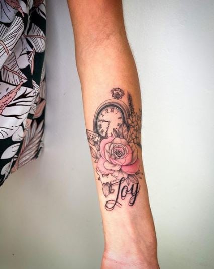 Rose Birth Clock Tattoo with the Name Joy