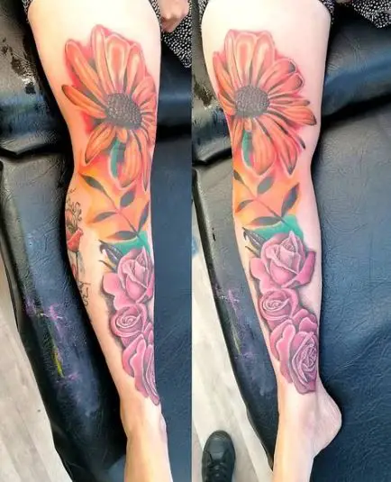Rose and Daisy Flower Leg Tattoo