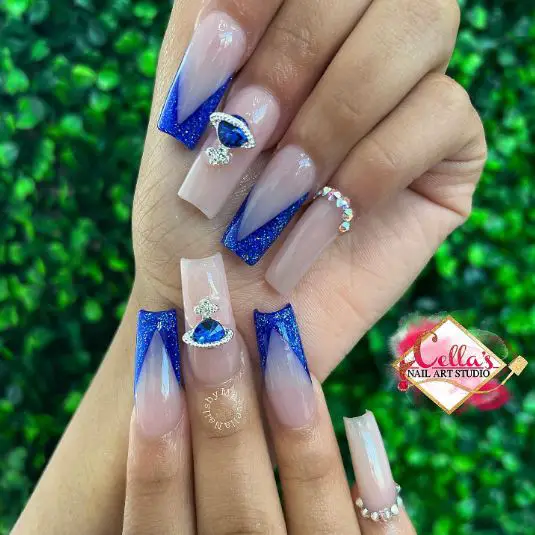 Royal Blue Nails with French Tip and Rhinestones 