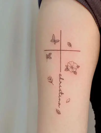 Script Cross with Tiny Flowers Leaves and Butterflies