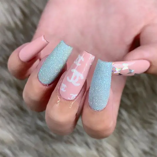 Shiny Blue and Rose Pink Cotton Candy Nails