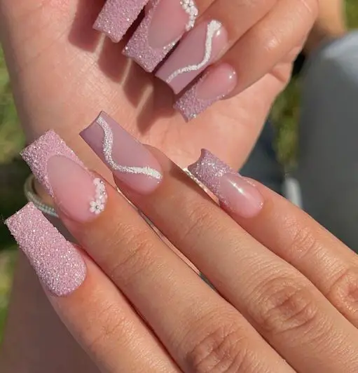 Shiny Pink and White Glitter Nails