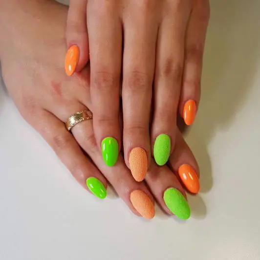 Simple Neon Green and Orange Candy Nails