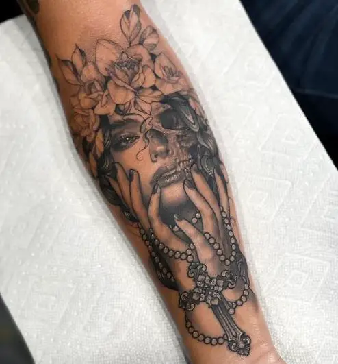 Skull and Lady Face with Rosary Tattoo
