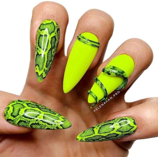 Snake Print Neon Green Nails