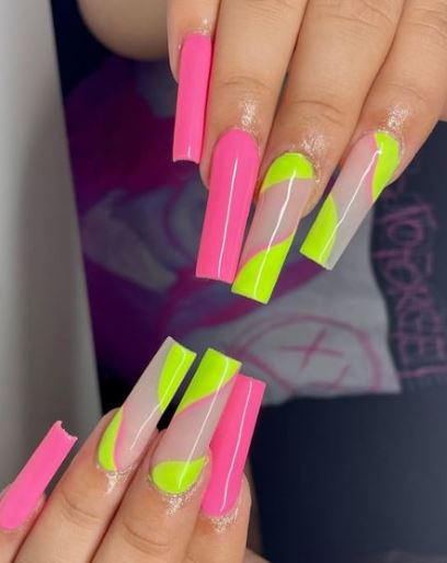 Solid Pink and Neon Green Pattern On Long Nails