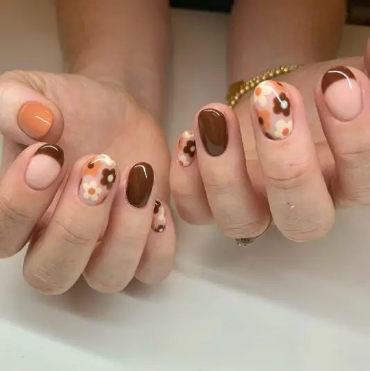 Spiced Latte and Irish Cream Brown Floral Nails