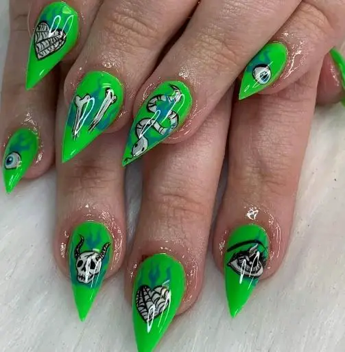 Spooky Neon Green Halloween Theme Nails