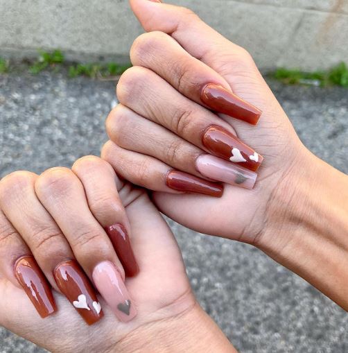 Square Chocolate Brown Nails with Hearts