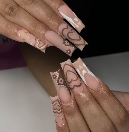 Square Nude and Brown Nails with Heart Designs