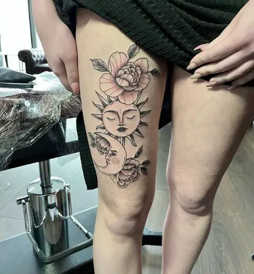 Sun and Moon Floral Tattoo