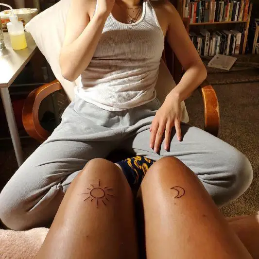 Minimalistic Sun and Moon Thigh Tattoo