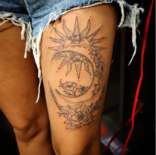 Sun and Moon Tattoo with Flowers