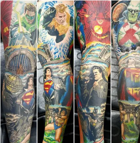 Superman Justice League Leg Sleeve Tattoo
