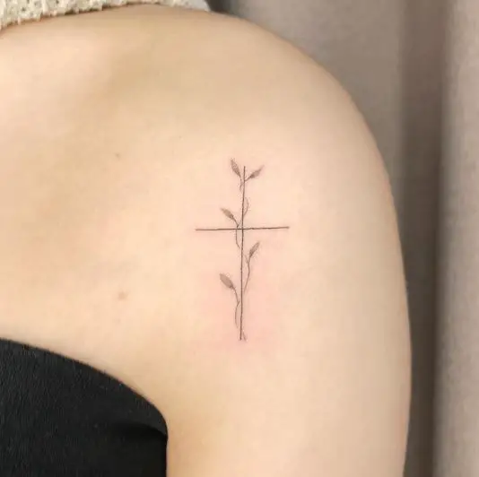 Tiny Cross with Plants Tattoo