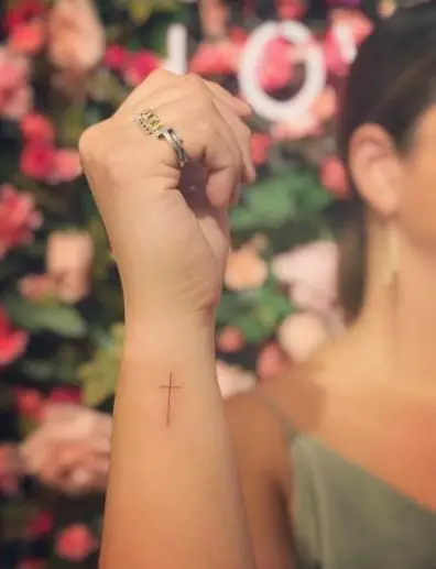 Tiny Line Cross Tattoo Piece On Hands