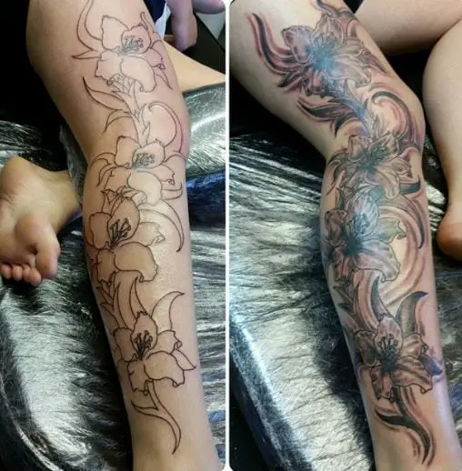 Tribal Full Leg Flower Tattoo