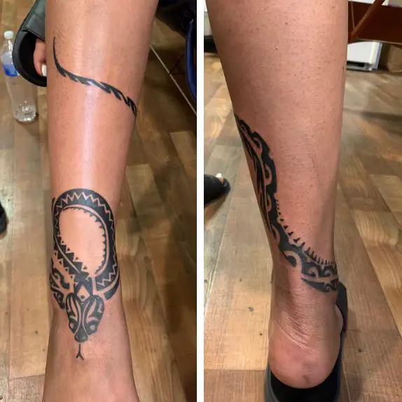 Grey Tribal Snake Tattoo on Calf
