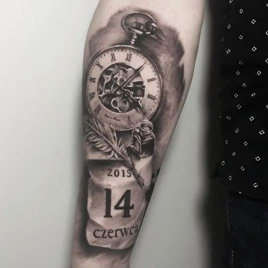 Watch and Calendar with Ink Bottle with Feather Tattoo
