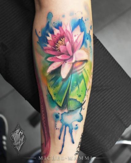 Colorful Water Lily with Lily Pad Forearm Tattoo