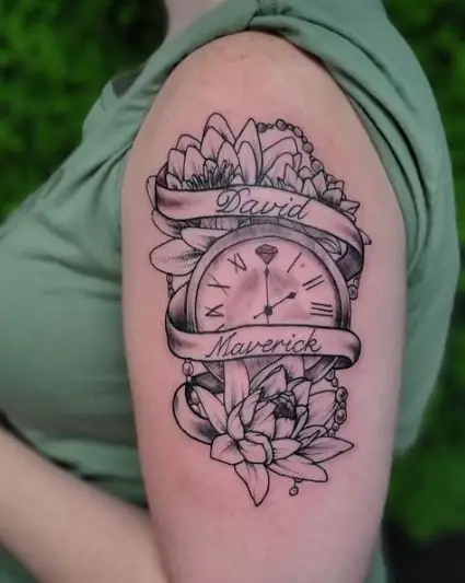 Water Lily with Clock Couple Names Tattoo