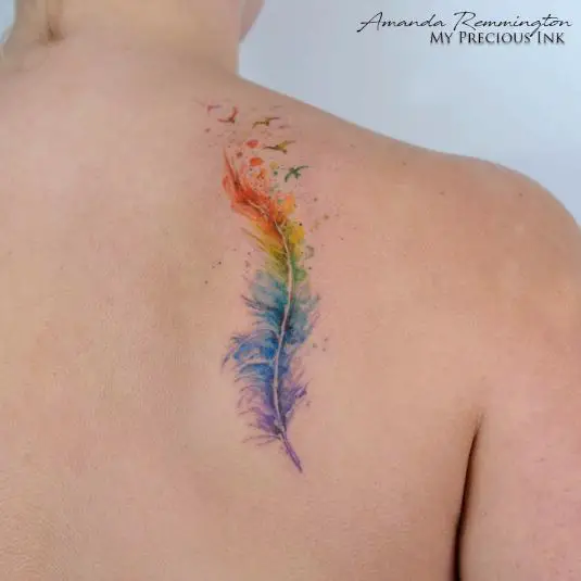 Watercolor Rainbow Feather Tattoo with Soft Silhouette Birds Flying