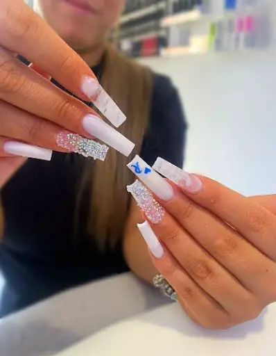 White Long Nails with Stones