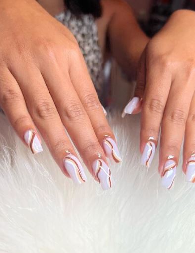 White Nails With Brown Swirls