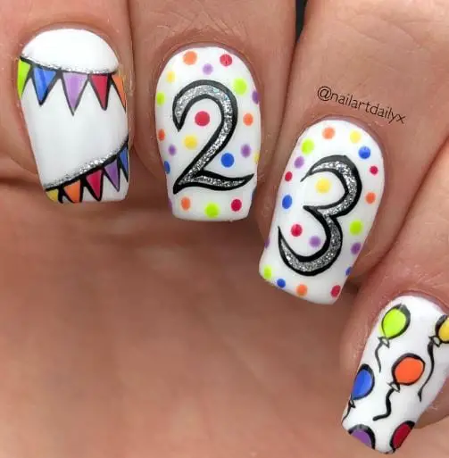 23rd-Themed White Birthday Nails