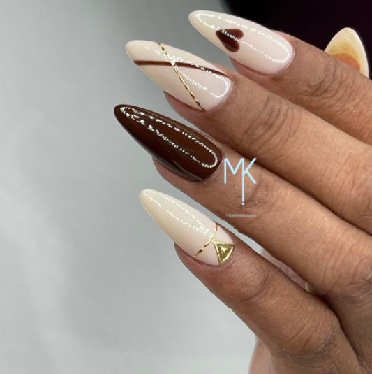 White Nails with Gold and Brown Stripes