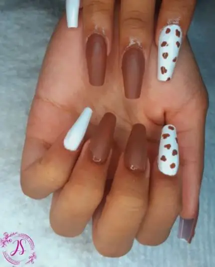 White and Brown Nails with Tiny Hearts