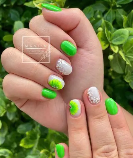 White and Neon Green Floral Pattern Nails
