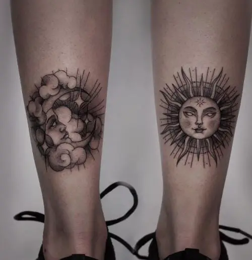 Detailed Sun and Moon Leg Tattoo