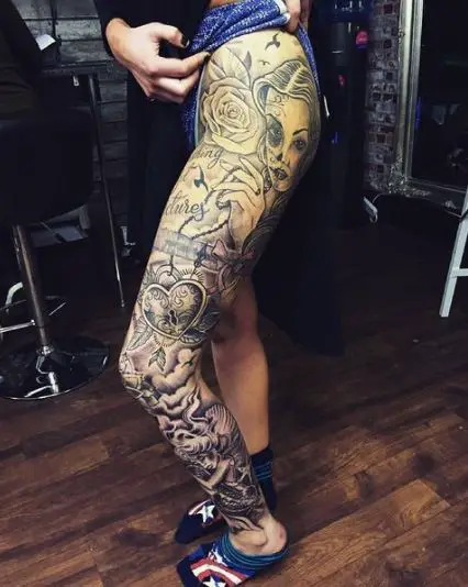 Woman Floral Theme Full Leg Tattoo