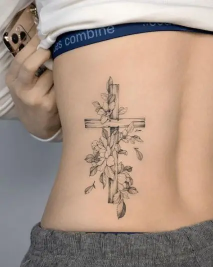 Wooden Floral Cross Tattoo Piece