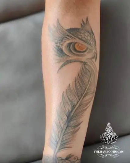 Yellow Eyed Owl and a Feather Custom Tattoo
