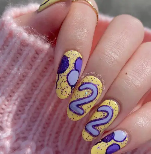 Yellow Nails With Purple Balloons and Glitter