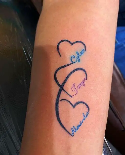 coloured tattoo with hearts and names